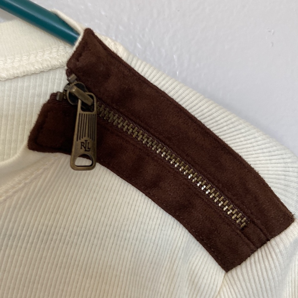 Ralph Lauren VTG LSleeve Pullover Ivory & Brown Elbow Patches, Zipper SZ P/L, EC - Picture 4 of 12